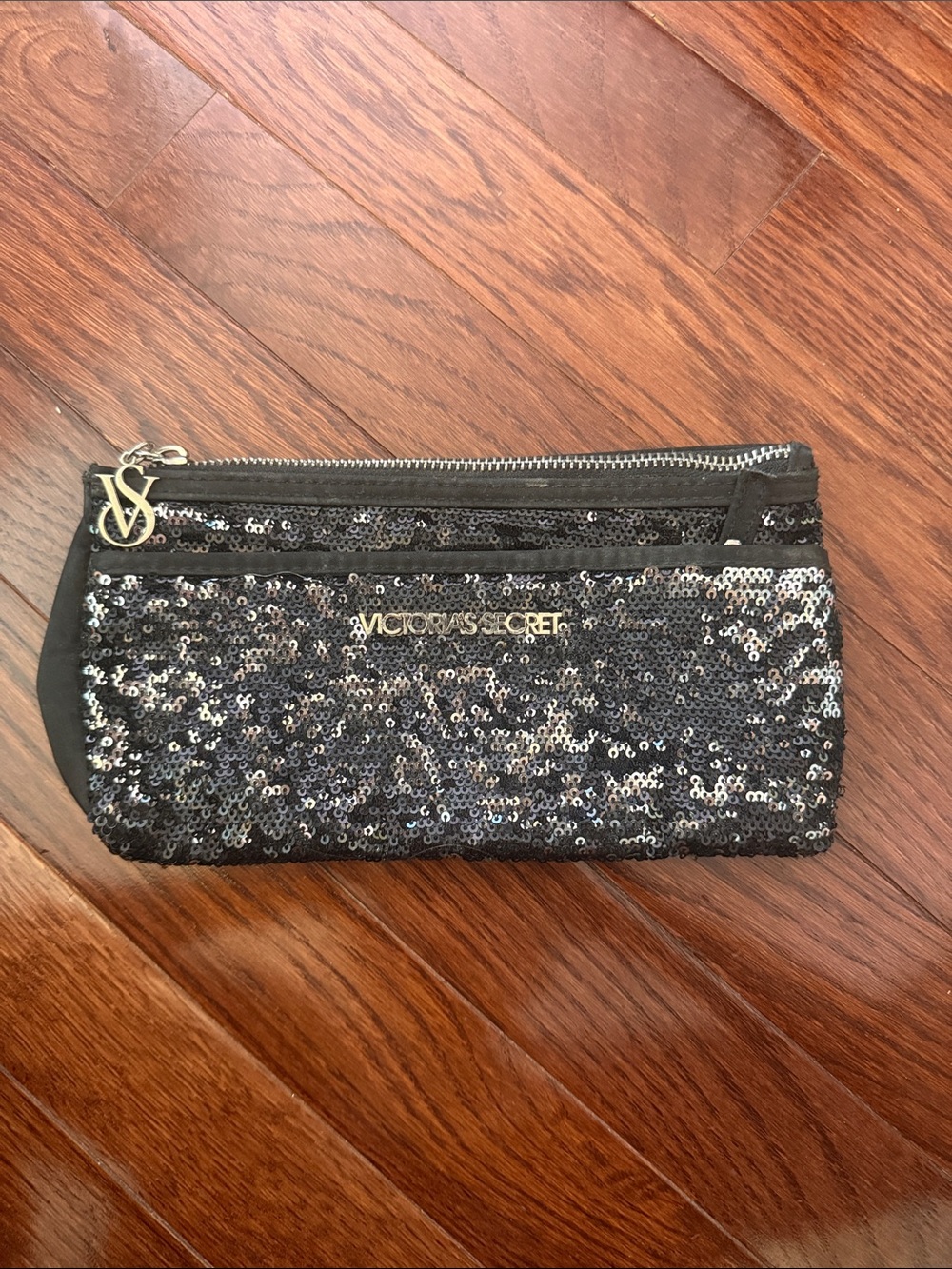 Victoria's Secret Black Sequin Cosmetic Pouch with Gold Hardware